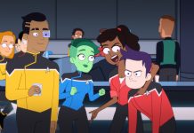 Interview: What would the STAR TREK: LOWER DECKS stars order from the food replicator? Pictured: (L-R) Eugene Cordero as Ensign Rutherford, Noël Wells as Ensign Tendi, Tawny Newsome as Ensign Mariner and Jack Quaid as Ensign Boimler of the CBS All Access series STAR TREK: LOWER DECKS. Photo Cr: Best Possible Screen Grab CBS 2020 CBS Interactive, Inc. All Rights Reserved.