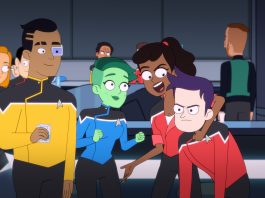 Pictured: (L-R) Eugene Cordero as Ensign Rutherford, Noël Wells as Ensign Tendi, Tawny Newsome as Ensign Mariner and Jack Quaid as Ensign Boimler of the CBS All Access series STAR TREK: LOWER DECKS. Photo Cr: Best Possible Screen Grab CBS 2020 CBS Interactive, Inc. All Rights Reserved.
