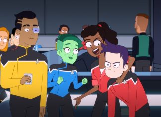 Interview: What would the STAR TREK: LOWER DECKS stars order from the food replicator? Pictured: (L-R) Eugene Cordero as Ensign Rutherford, Noël Wells as Ensign Tendi, Tawny Newsome as Ensign Mariner and Jack Quaid as Ensign Boimler of the CBS All Access series STAR TREK: LOWER DECKS. Photo Cr: Best Possible Screen Grab CBS 2020 CBS Interactive, Inc. All Rights Reserved.