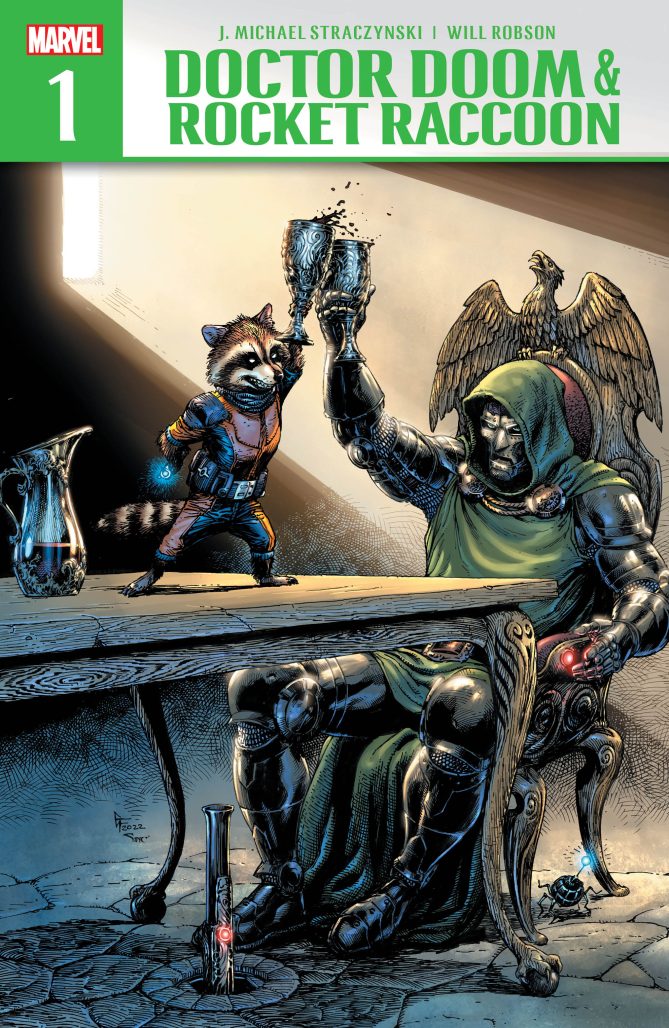 Rocket Raccoon and Doctor Doom comic cover of the two cheering in a toast