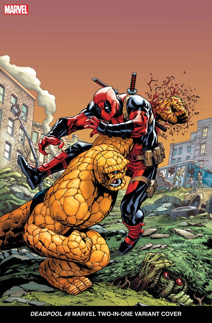 thing punches through deadpool's guts in deadpool #8 two-in-one variant comic cover