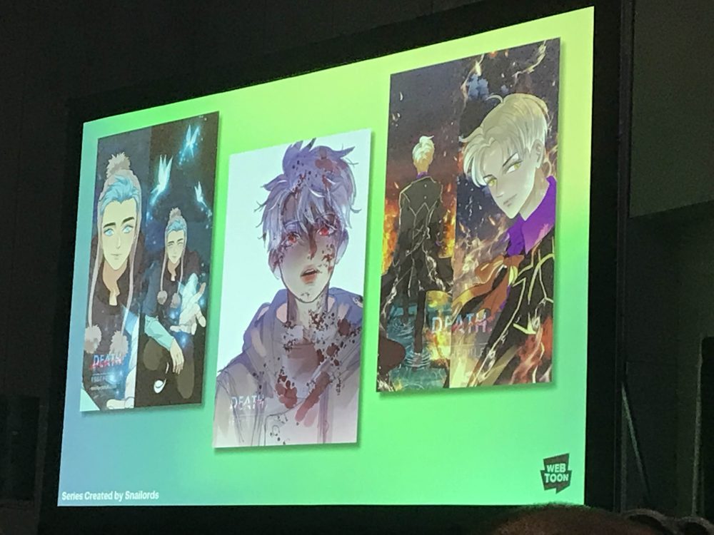 slide showcasing Aiden's art from his WEBTOON during the panel