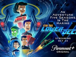 L-R Tawny Newsome as Ensign Mariner, Noel Wells as Ensign Tendi, Jack Quaid as Ensign Brad Boimler, Gabrielle Ruiz as T'Lyn and Eugene Cordero as Ensign Rutherford appearing in season 5 key art of Lower Decks streaming on Paramount+, 2024. Photo Credit: Paramount+