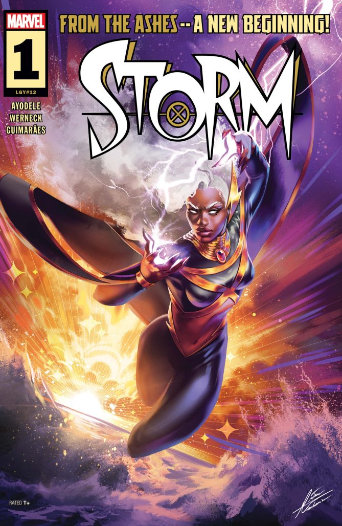 Storm base comic cover purple and gold in backdrop as she flies 
