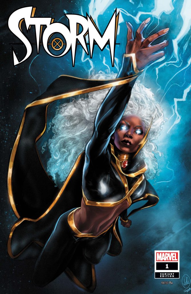 Art cover of storm as she raises right hand summoning lightning.