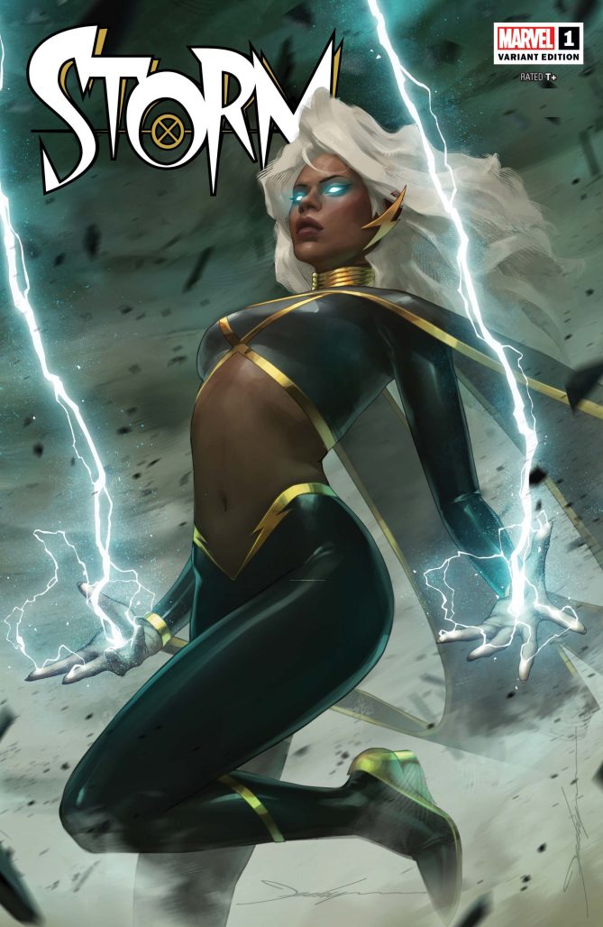 art cover close-up of Storm with her hands summoning lighting that stretch to the sky as she pulls them back