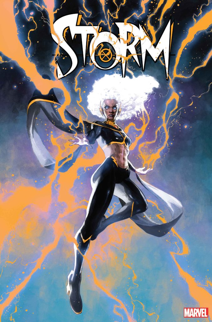 Storm cover with gold lightning stretching to all four corners of the page as she rises in the air and showcases her abs in her midriff costume