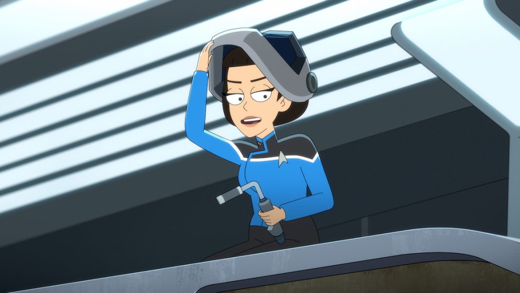 Gabrielle Ruiz as T'Lyn in episode 2, season 5 of Star Trek: Lower Decks. She is welding and wearing a welding mask atop the Sequoia in Repair Bay Five.