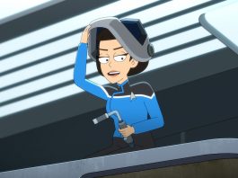 Gabrielle Ruiz as T'Lyn in episode 2, season 5 of Star Trek: Lower Decks. She is welding and wearing a welding mask atop the Sequoia in Repair Bay Five.