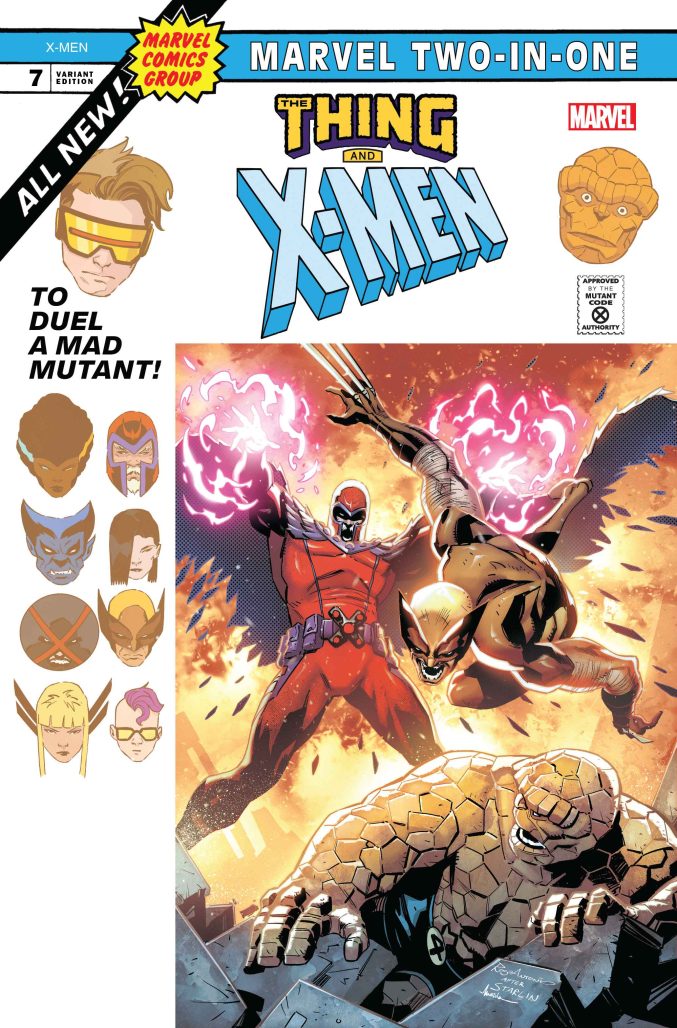 magneto tosses wolverine as thing gets up from rubble in thing and x-men comic cover