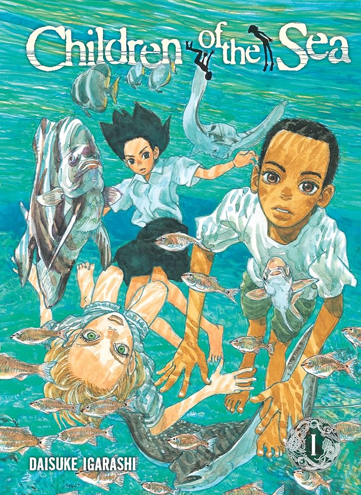 Children of the Sea cover. Two young boys and a girl float in green water surrounded by fish.