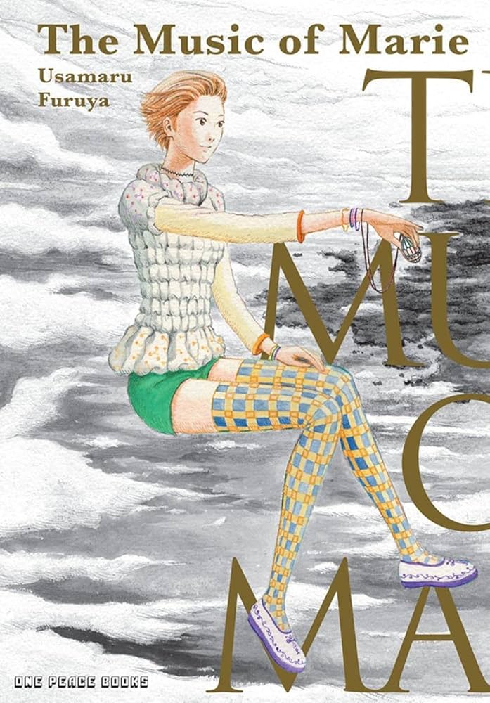 the music of marie cover. a teenage girl with short hair and checkered stockings sits over white clouds and a grey sky. in her hand she holds an egg-shaped necklace, which she holds over the title in gold.