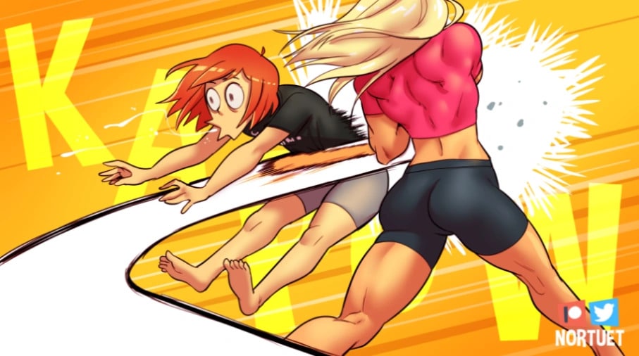 nortverse image. a muscular blonde-haired woman hits another woman in the chest with a bat. behind them is the sound effect "KA-POW"