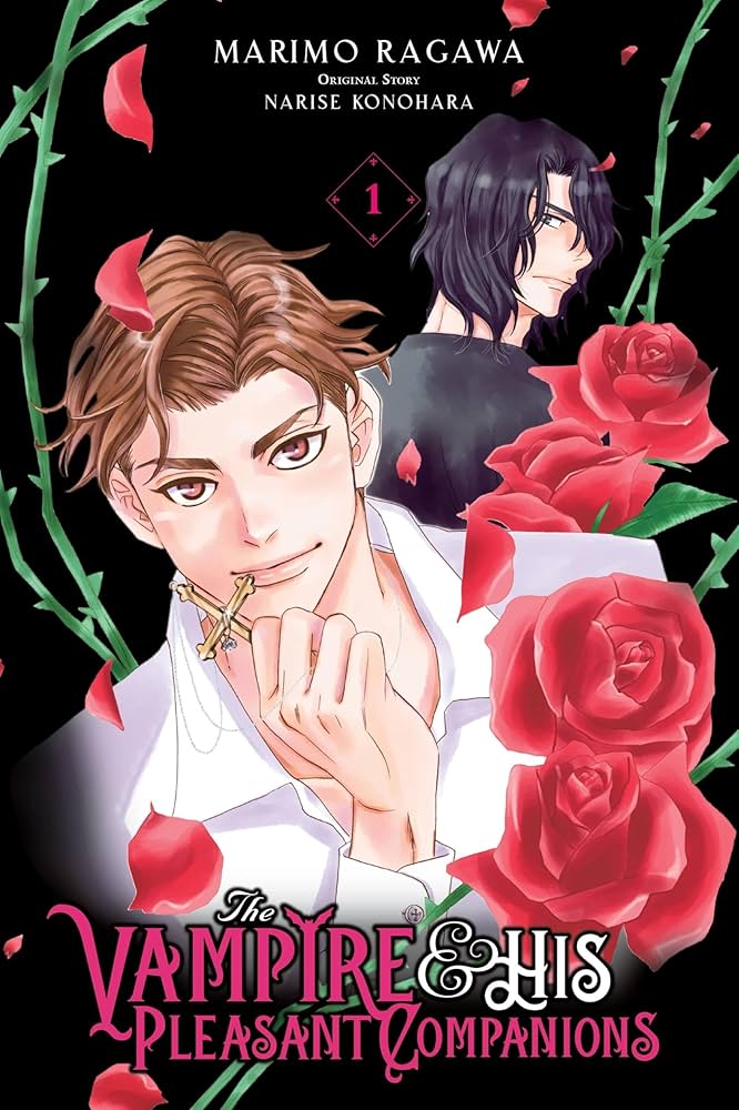 cover for the vampire and his pleasant companions. a smiling man wearing a white shirt holds a gold cross in his hands to his lips. roses bloom in front of him. behind him is a skeptical man wearing a black shirt with his head turned towards the reader.