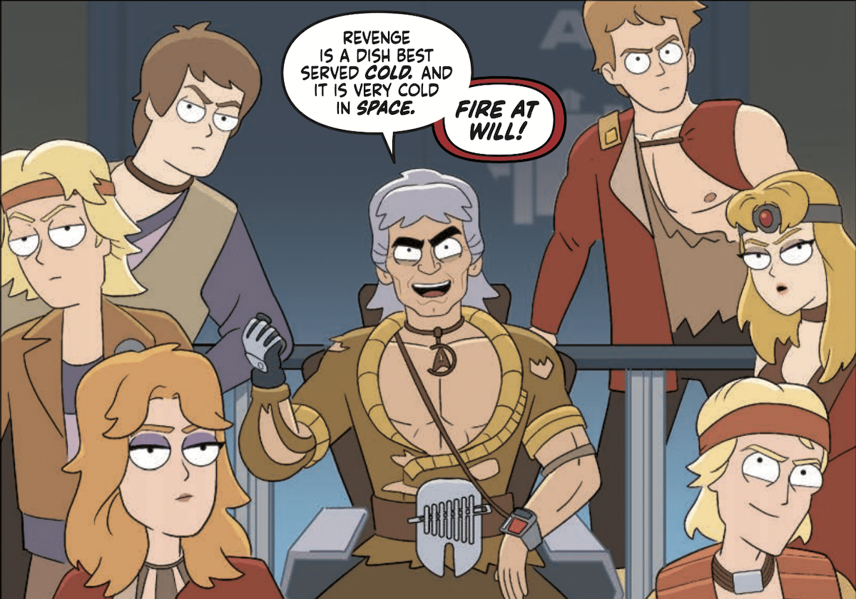 A panel from Warp Your Own Way. Khan and his augments aboard the Reliant.