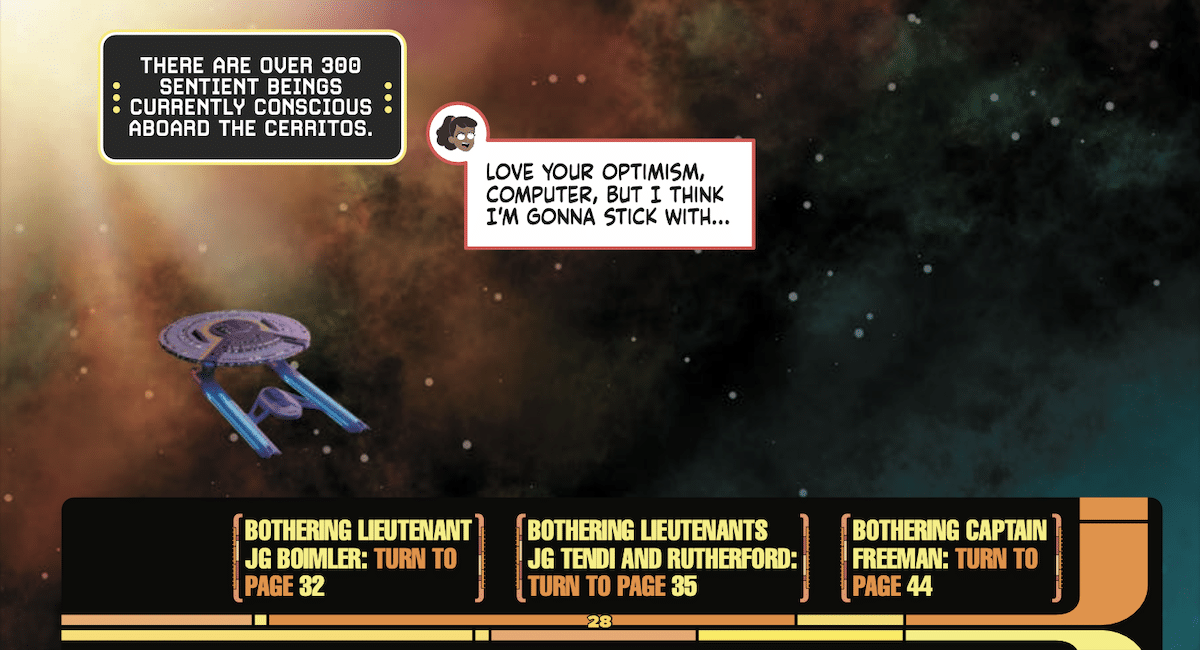 A panel from Warp Your Own way. Mariner considers who to bother: Boimler, Tendi and Rutherford or Freeman.
