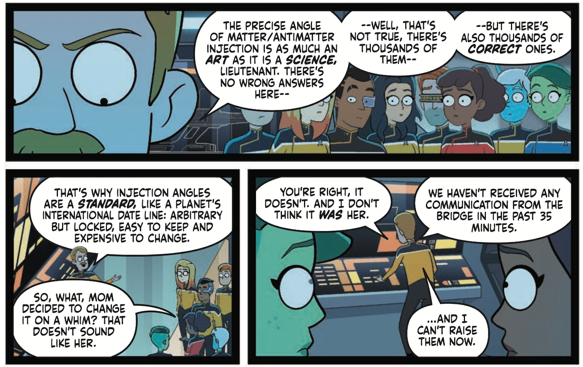 Three panels from Warp Your Own Way. Billups explains some science stuff while Mariner, Rutherford, Tendi and some familiar looking crewmembers listen.