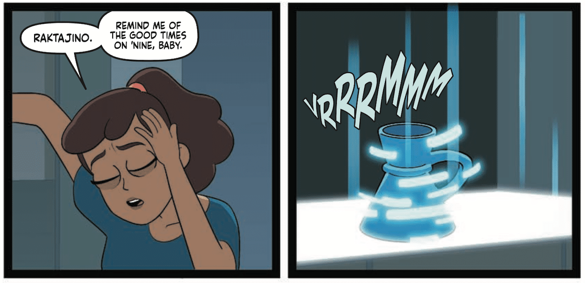 A panel from Warp Your Own Way. Mariner orders Raktajino from the replicator.