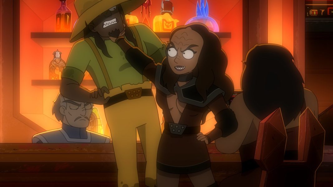 K'Elarra throttles Ma'ah in a Klingon bar on Star Trek: Lower Decks.