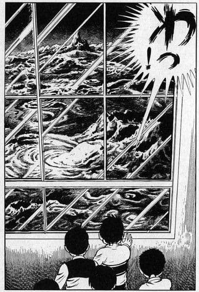 Two students look out onto an apocalyptic landscape in Drifting Classroom