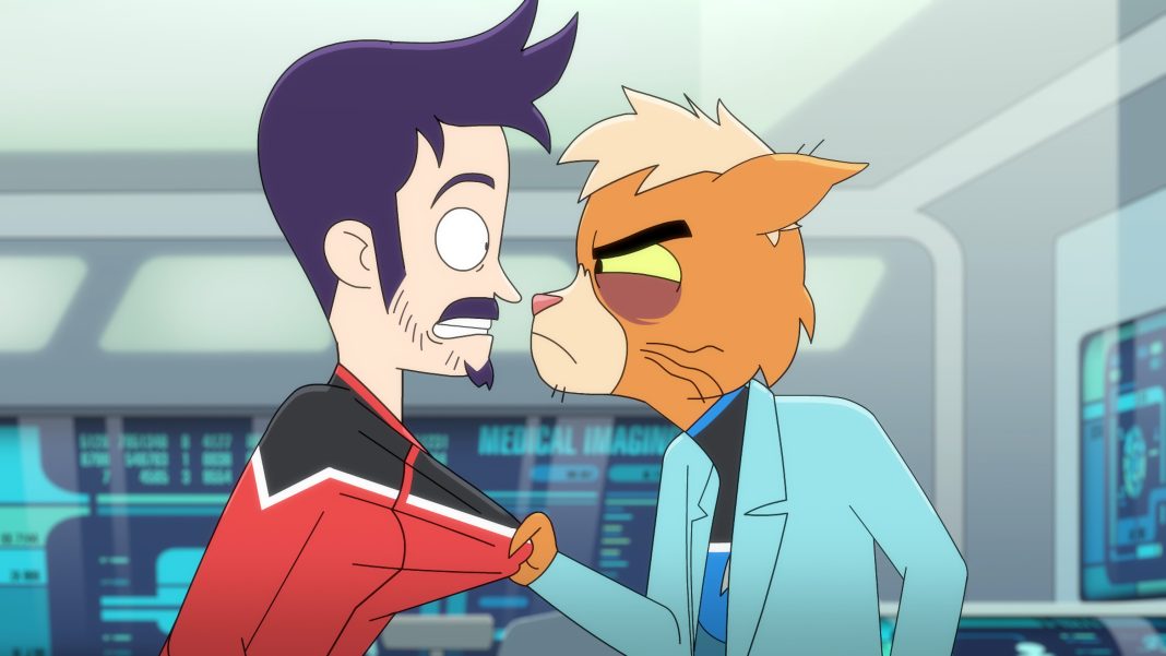 Episode 506 T'Ana (Gillian Vigman) grabs Boimler in Sick Bay on Star Trek: Lower Decks.