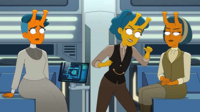 Episode 507 Mariner, Tendi and T'Lyn disguised as aliens on Star Trek: Lower Decks.