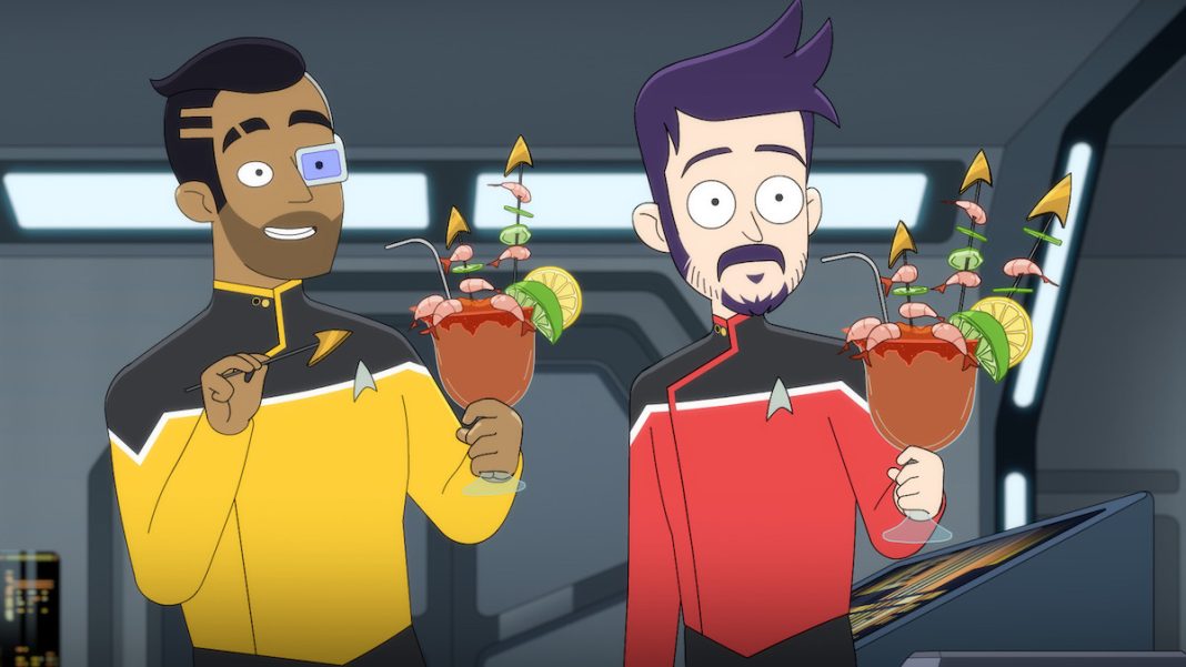 Bearded Boimler and stubble Rutherford enjoy micheladas in Star Trek: Lower Decks season 5 episode 7.