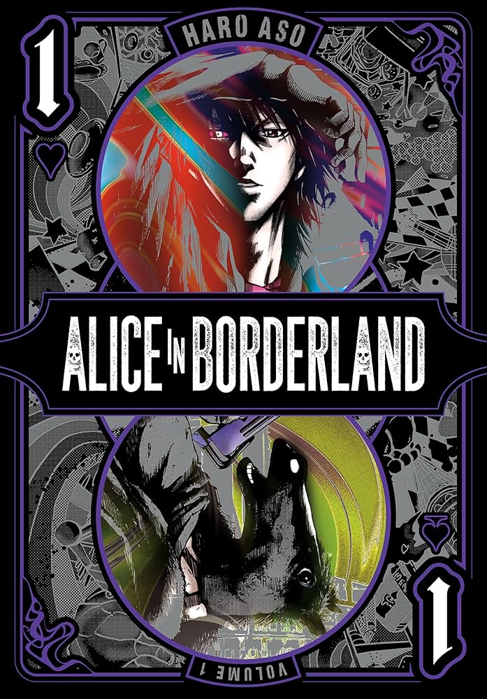 alice in borderland cover. stylized as a playing card, with an image of a man on the top and a horse-headed man wielding a gun on the bottom.