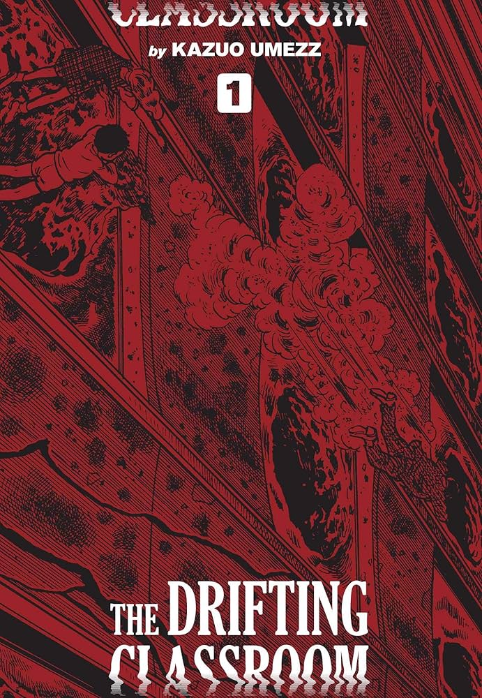 drifting classroom volume 1 cover. young boy and woman look down building at teacher jumping from window to his death. the cover is dark red and illustrated from a stark angle.