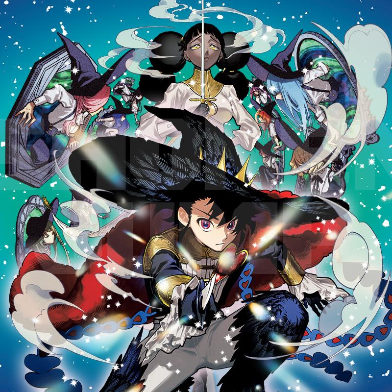 ichi the witch. ichi, a young boy wearing a large witch hat and costume, poses while many other female witches pose behind him in various outfits. one above him has a rapier, the others are popping out of mirrors.