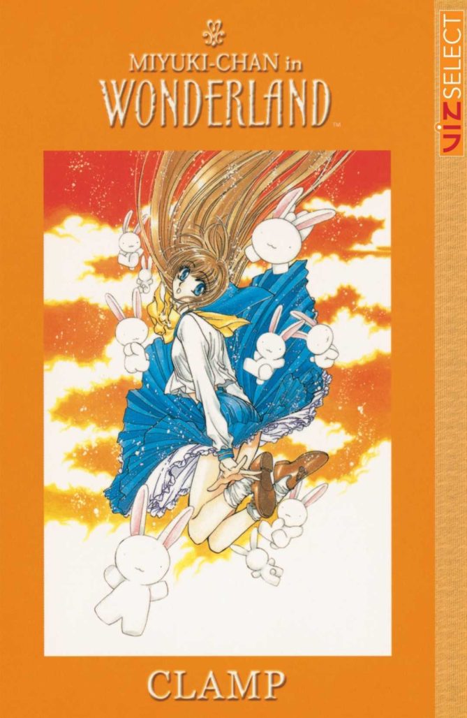 miyuki-chan in wonderland cover. a youn gwoman wearing a blue dress with long blonde hair jumps against an orange and white cloudy background. around her are small white and cartoon-like bunnies.