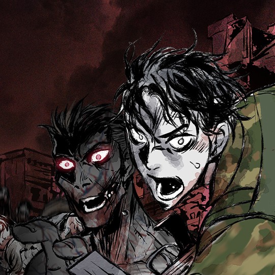 pieces of humans image. a desperate man wearing army fatigues runs forward. to his left is a grey, bloody zombie with red eyes. behind them is a muddy red sky and cityscape.