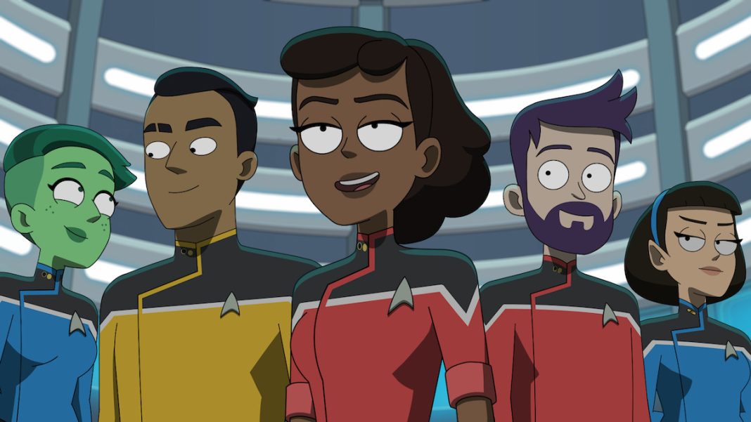 Episode 510 Tendi, Rutherford, Mariner, Boimler and T'Lyn in the series finale of Star Trek: Lower Decks.