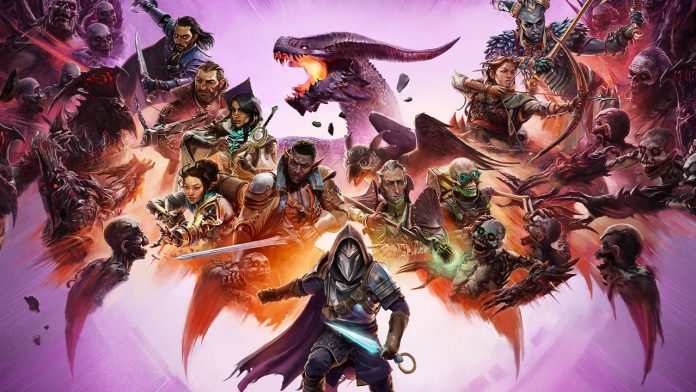 Veilguard title The official title art of Dragon Age: Veilguard featuring the seven companions, the protagonist character, and a dragon against a pink background.