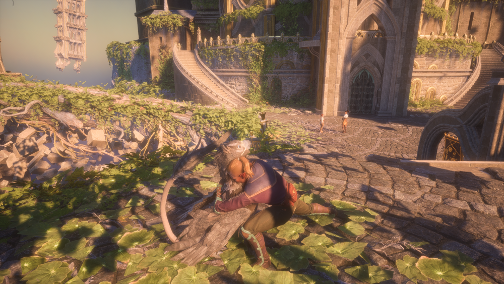 A nonbinary Dalish elf hugs a griffon tightly in a courtyard