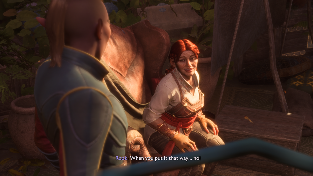 The red-headed Dwarf Lace Harding sits in a chair, looking sheepish, as a Dalish nonbinary Rook says "When you put it that way... no!"