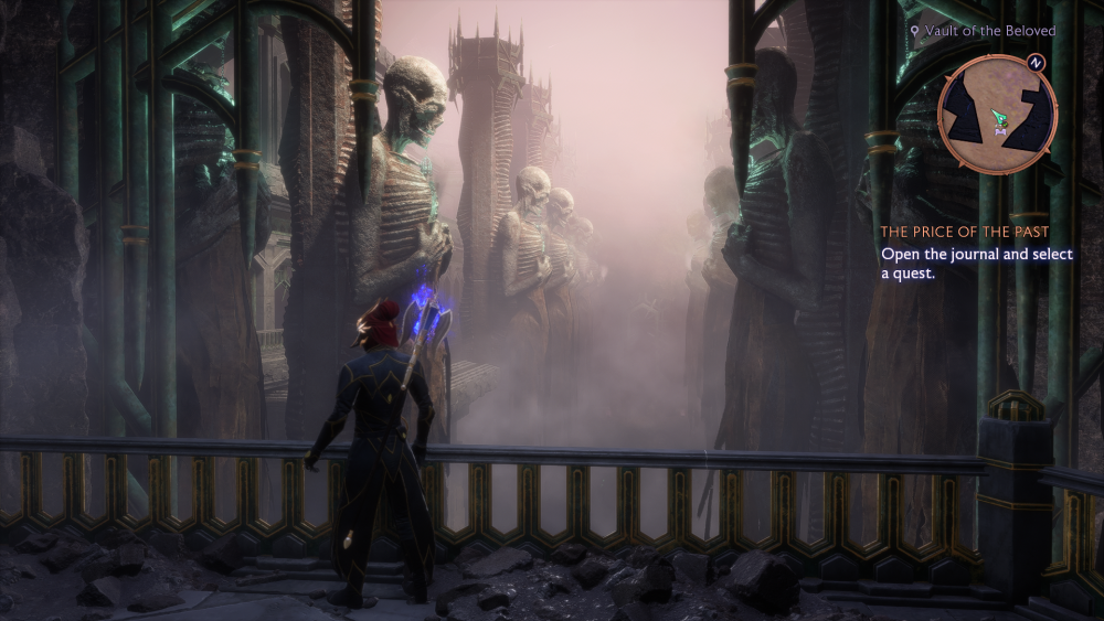 An armored mage lookes over a balcony at a row of giant skeletal statues leaning upright against pillars that fade into a foggy distance