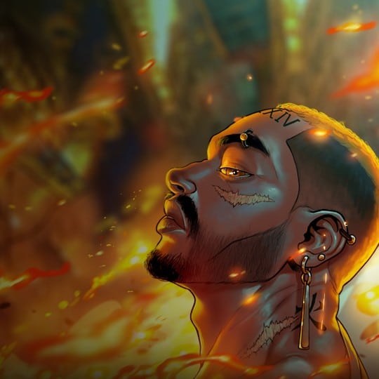 ordeal image. a black man with a beard, a shaved head and the number XIV tattooed on his forehead looks to the reader. He is wearing multiple earrings and has a scar under his eye. A fire rages behind him.