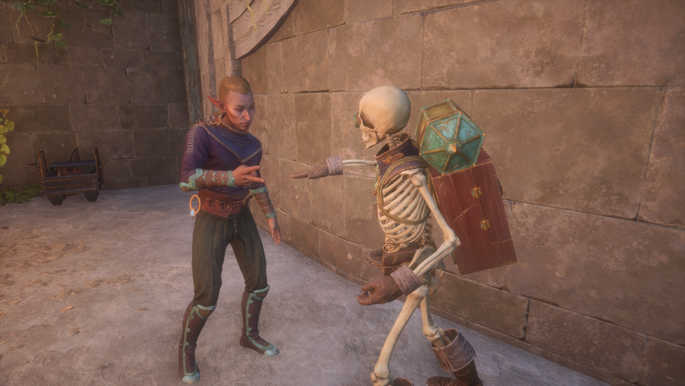 A nonbinary Dalish elf wins rock-paper-scissors with scissors against a skeleton showing paper.