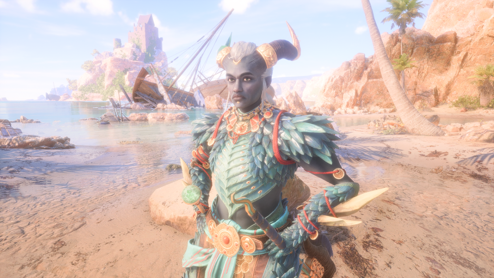 A grey nonbinary person with gilded, pointed, horns stands proud in teal scaled armor on a tropical beach.