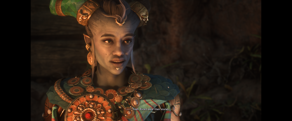 A horned, grey nonbinary person is illuminated by firelight. They look nostalgic and happy.