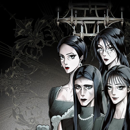 the key sisters. four women with pale faces and black hair stare to the left.