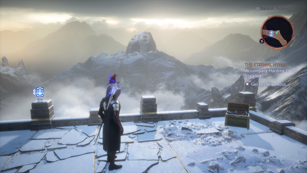 An armored mage looks at a rocky mountain that appears to be screaming in the distance.