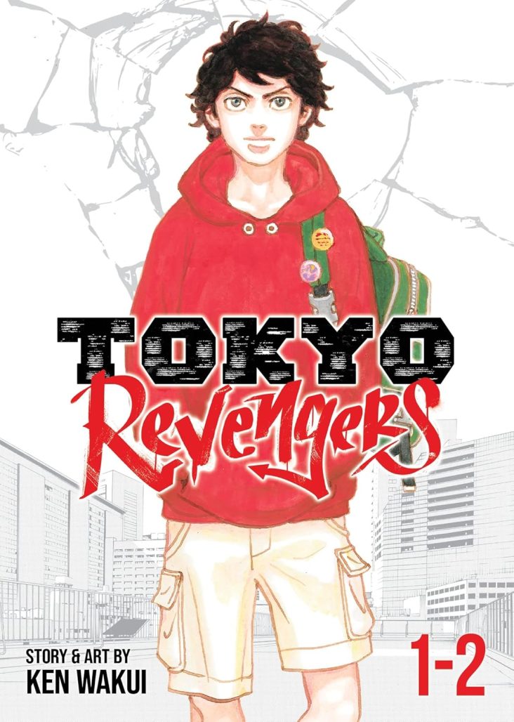 tokyo revengers. man wearing a red jacket and a green backpack stares down the reader. the white space behind his head is shattered. below him is a grey on white cityscape.