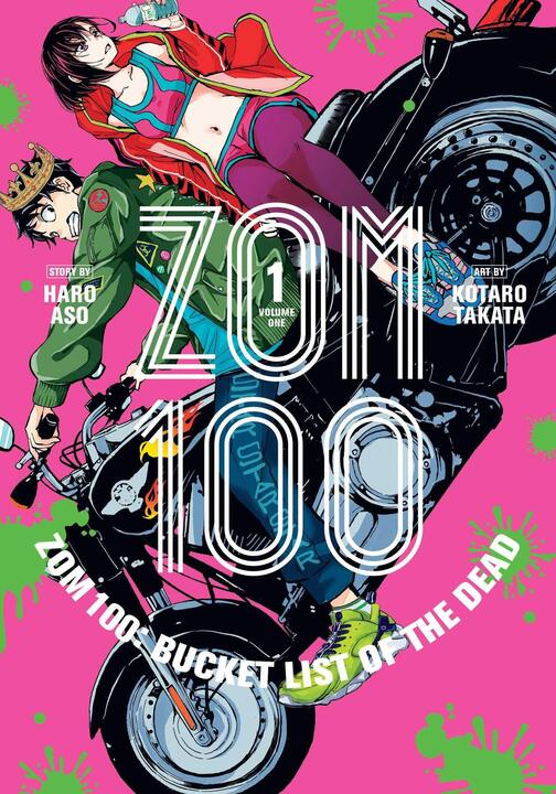 zom100 cover. young man and woman wearing street fashion do a wheelie on a motorcycle. behin them are splatters of green paint against a pink background. the man is wearing a crown and is driving the motorcycle, while the woman is drinking from a water bottle.