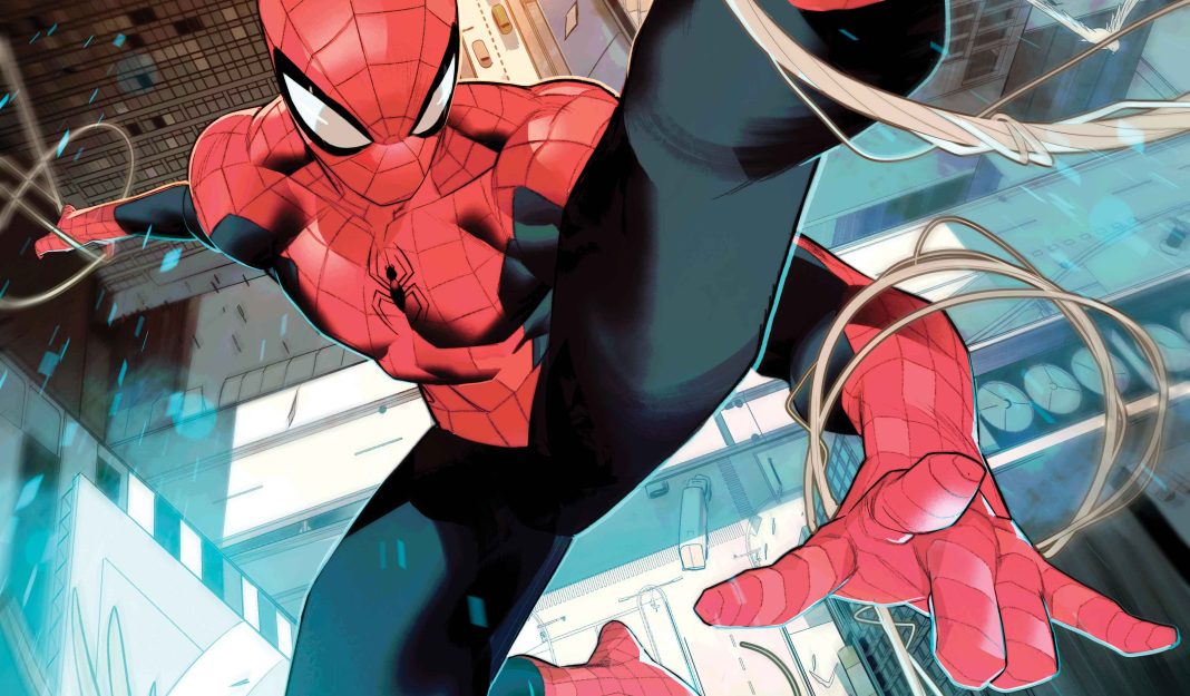 Spider-Man swinging artwork by DiMeo