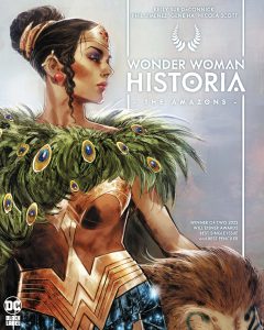 Wonder Woman Historia comic cover image with Diana in a peacock feathered cape around the shoulders