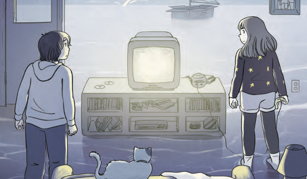 A boy and a girl stand in moonlight waves combined with a couch, TV, and other furniture that looks like a living room.