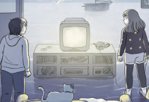 Graphic Novel Review: DREAMOVER captures the epic highs and lows of 2000s adolescent love A boy and a girl stand in moonlight waves combined with a couch, TV, and other furniture that looks like a living room.