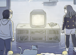 Graphic Novel Review: DREAMOVER captures the epic highs and lows of 2000s adolescent love A boy and a girl stand in moonlight waves combined with a couch, TV, and other furniture that looks like a living room.